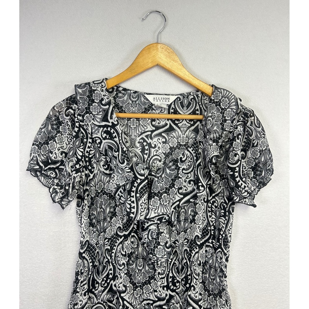 Allison‎ Taylor Black White Paisley Print Peasant Blouse Short Sleeve Women's S - Picture 3 of 8